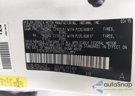 2015 Toyota Sienna Xle Premium 8 Passenger из США, поврежденный, VIN 5TDYK3DCXFS594010